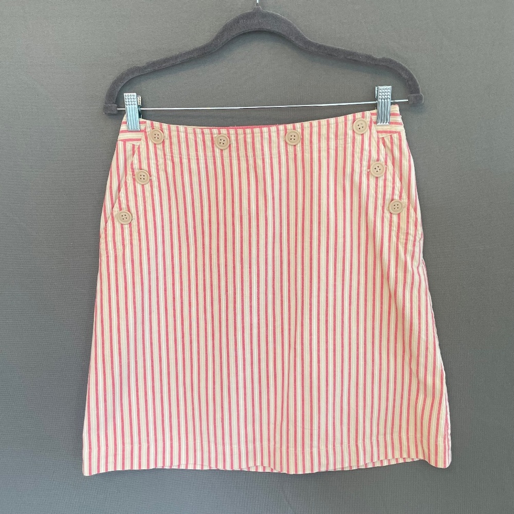 TALBOTS Size 8 Pink Tan White Striped Mini Skirt Button Accents Pockets